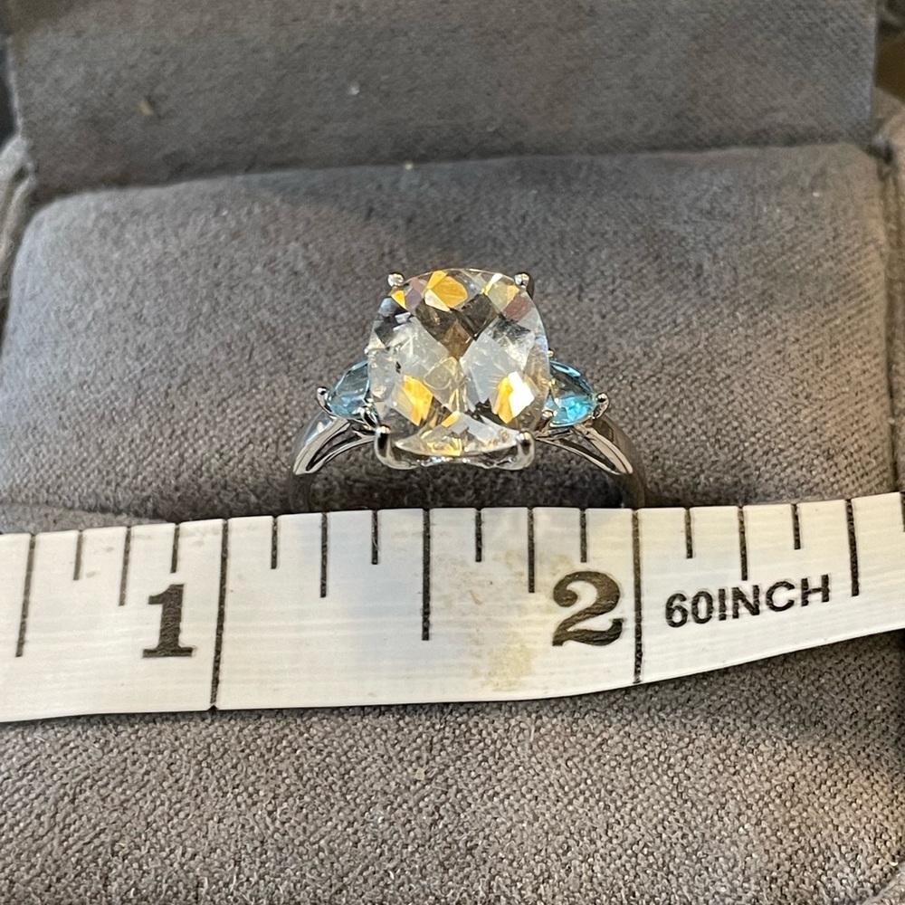 Silver Quartz Ring with Aquamarines on Shoulders